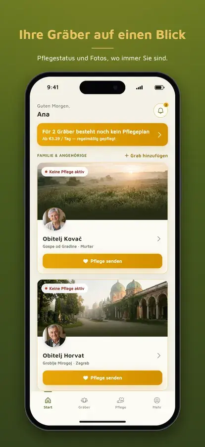 Oaza Mira App: Startbildschirm mit den Gräbern der Familie