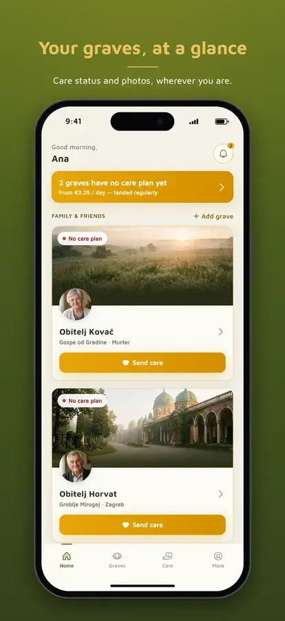 Oaza Mira app: home screen with the family's graves