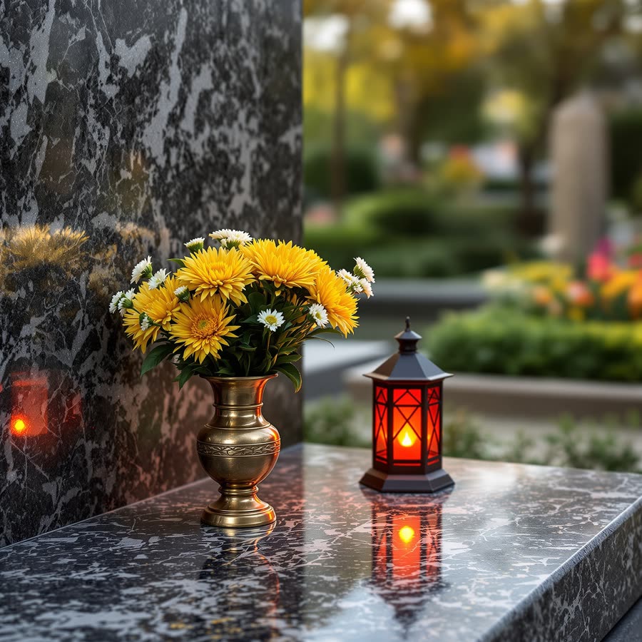 A tended grave with fresh flowers and a lit grave lamp