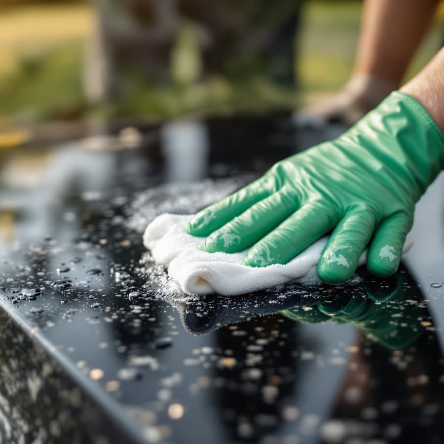 Hand-cleaning a black granite headstone with a soft cloth