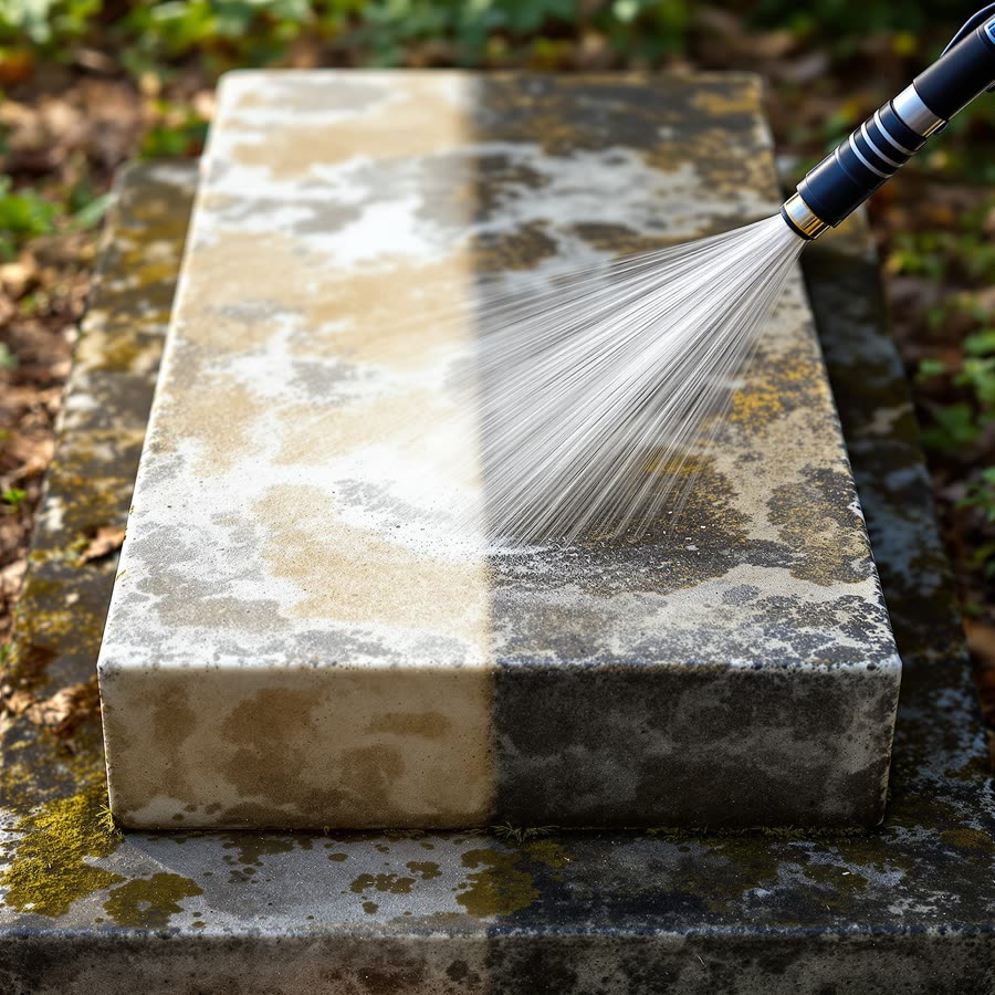 Pressure washing an old stone grave, half cleaned and half dirty